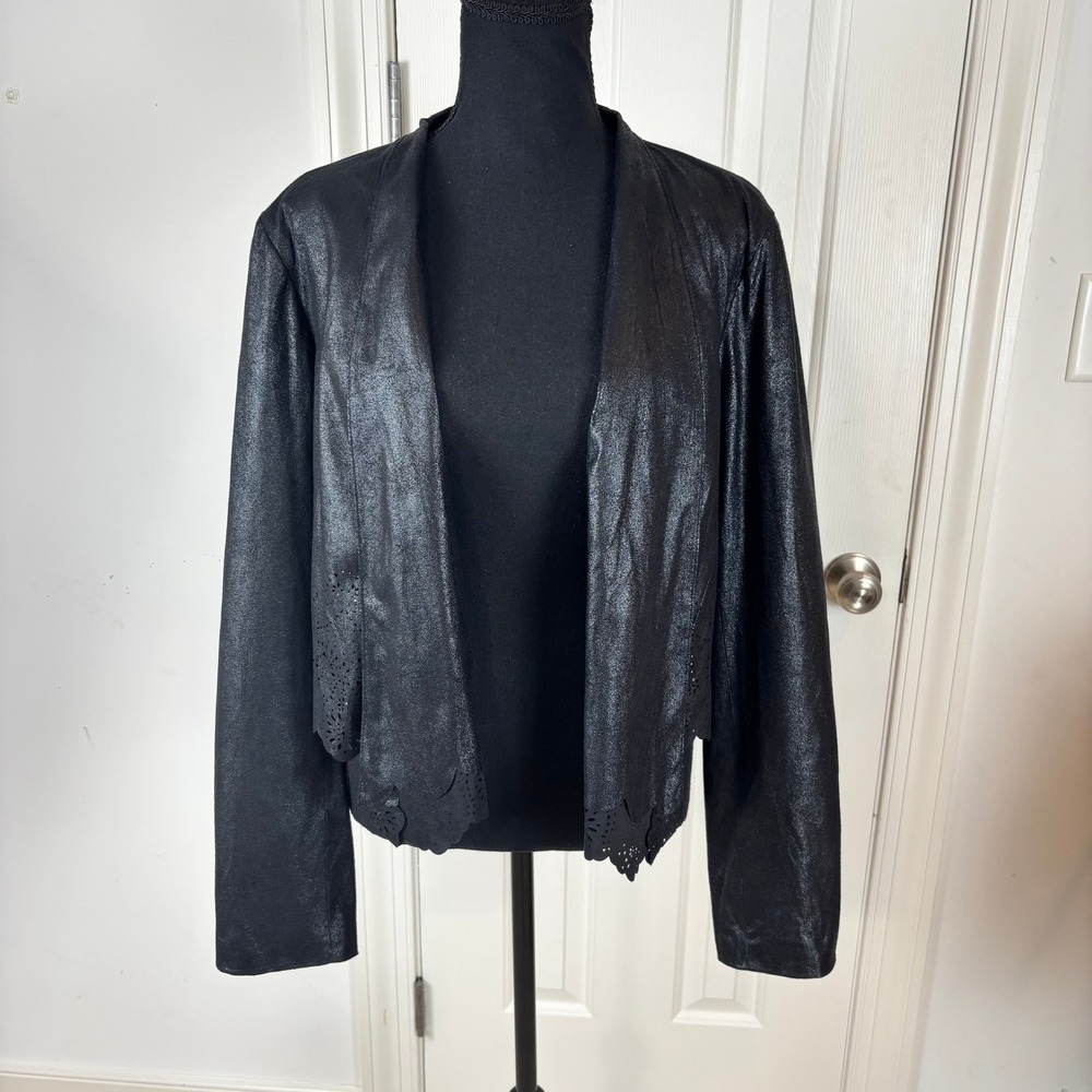 INC International Concepts Black Metallic Eyelet Laser Cut Open Front Jacket XL